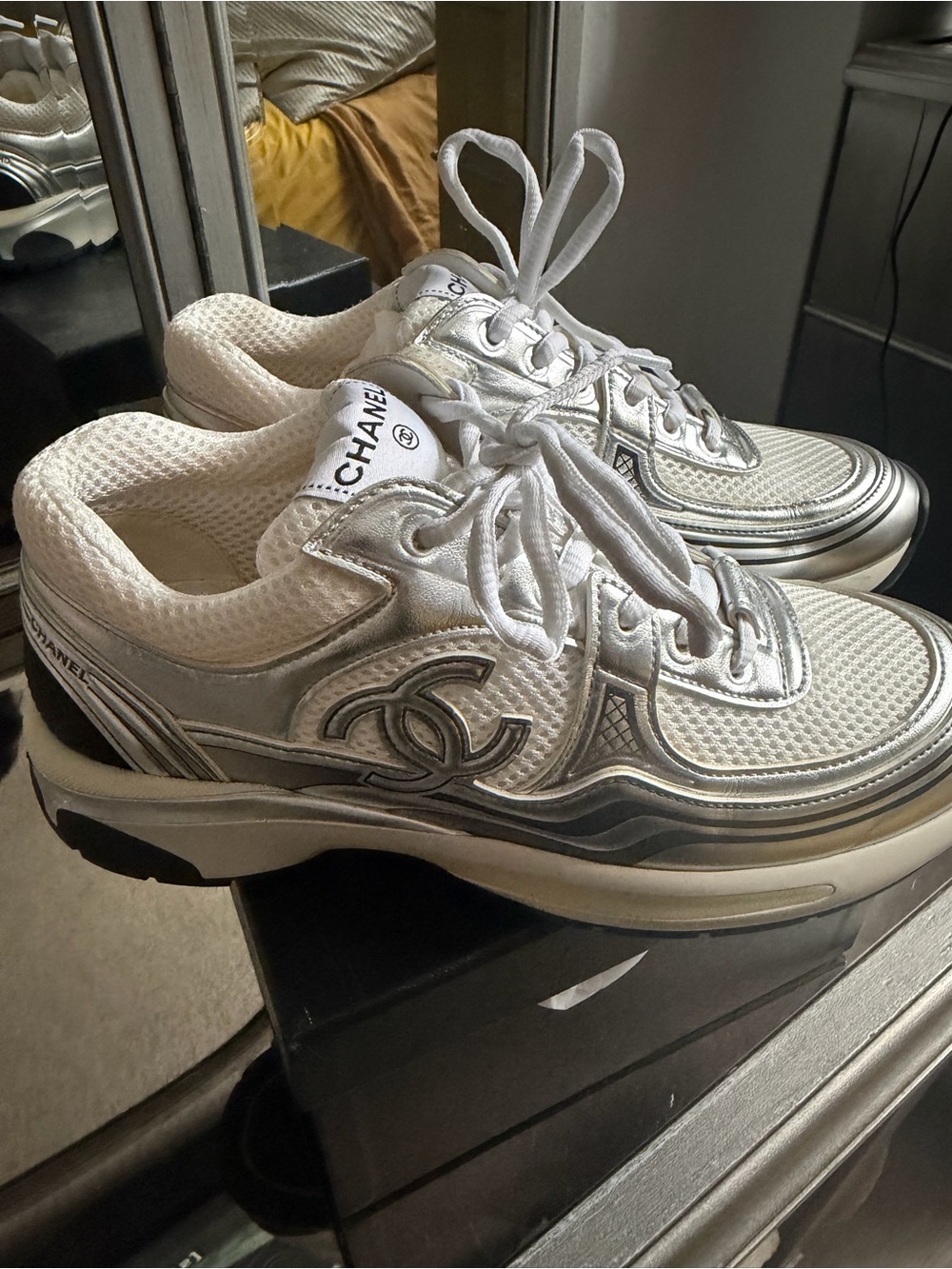 CHANEL Gray Branded Shoelaces with White Box